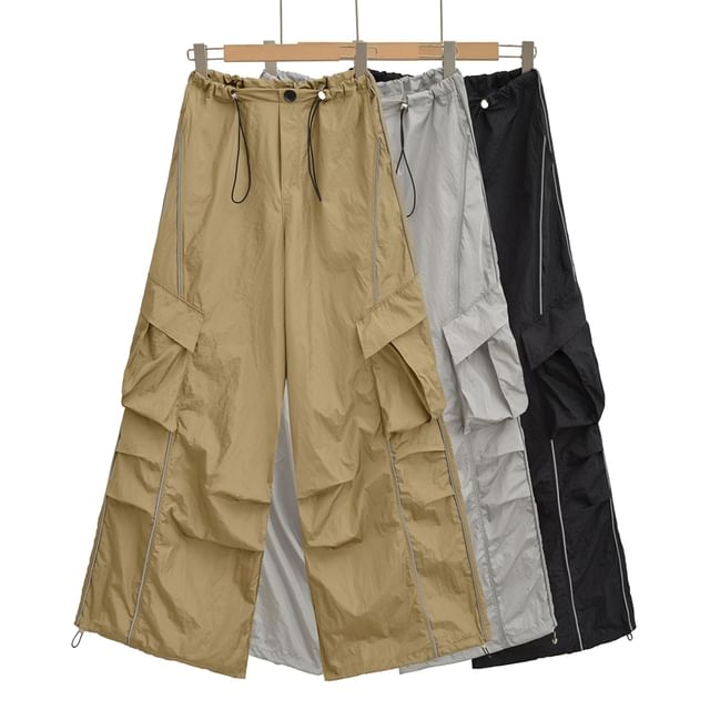 Drawstring Waist Plain Ruched Wide Leg Cargo Pants