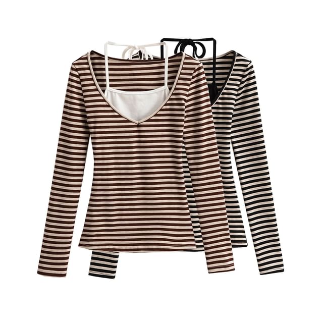 Striped Slim-Fit Mock Two-Piece Halter Long-Sleeved Tee