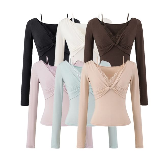 Knot Lace-Paneled Mock Two-Piece V-Neck Slim-Fit Long-Sleeved Tee