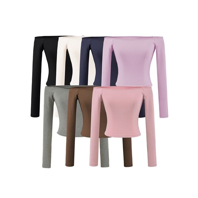 Plain Cropped Slim-Fit Off-Shoulder Long-Sleeved T-Shirt