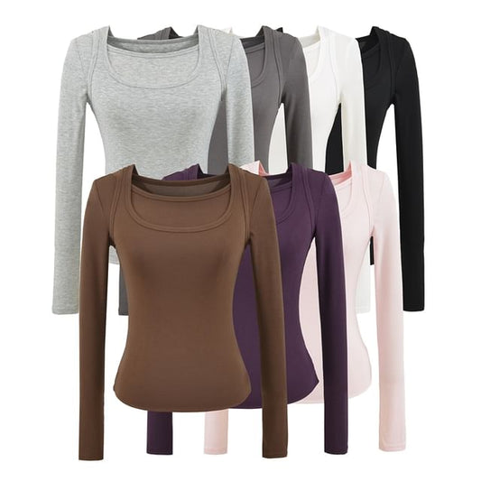 Mock Two-Piece Square-Neck Long-Sleeved Slim-Fit Tee