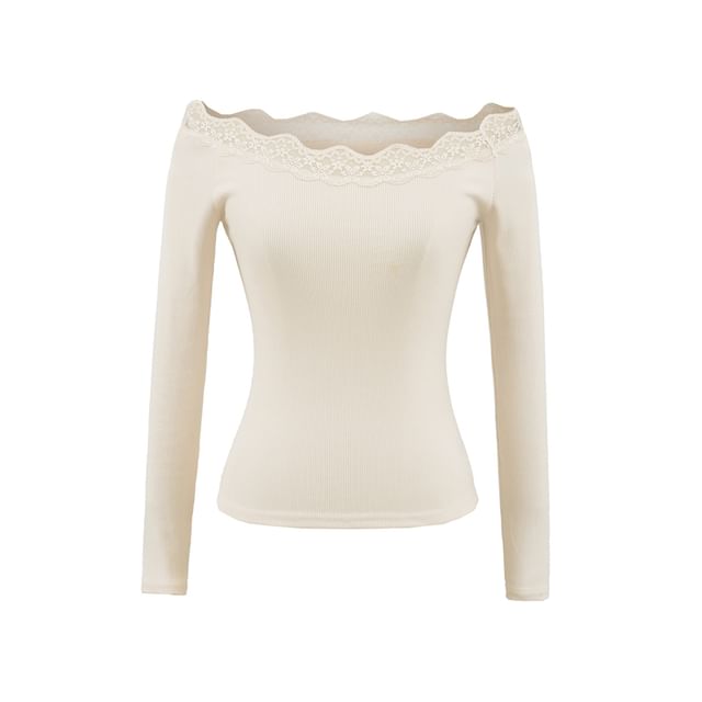 Long-Sleeve Off-Shoulder Lace Trim Slim Fit Tee