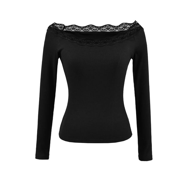 Long-Sleeve Off-Shoulder Lace Trim Slim Fit Tee