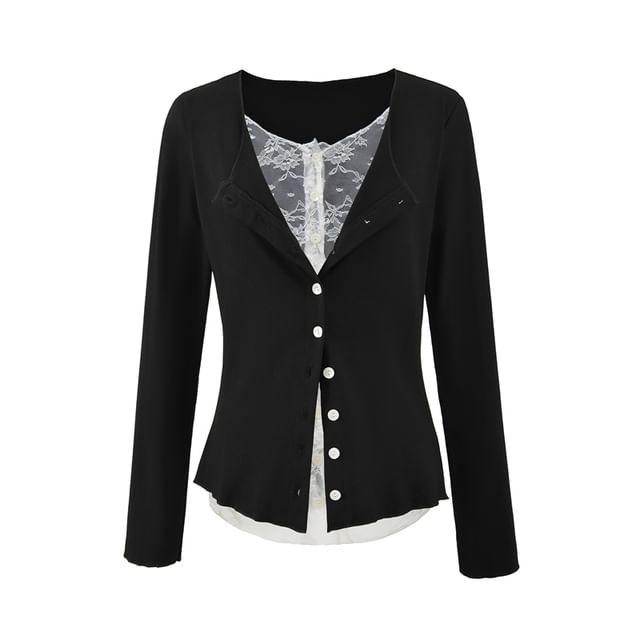 Mock Two-Piece Lace-Panel Long-Sleeved Button T-Shirt