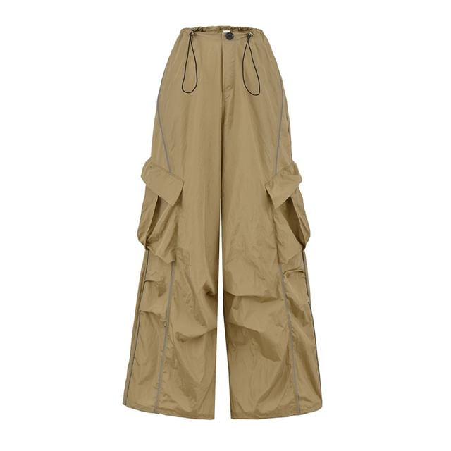 Drawstring Waist Plain Ruched Wide Leg Cargo Pants