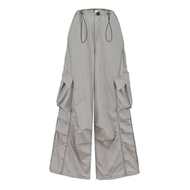 Drawstring Waist Plain Ruched Wide Leg Cargo Pants