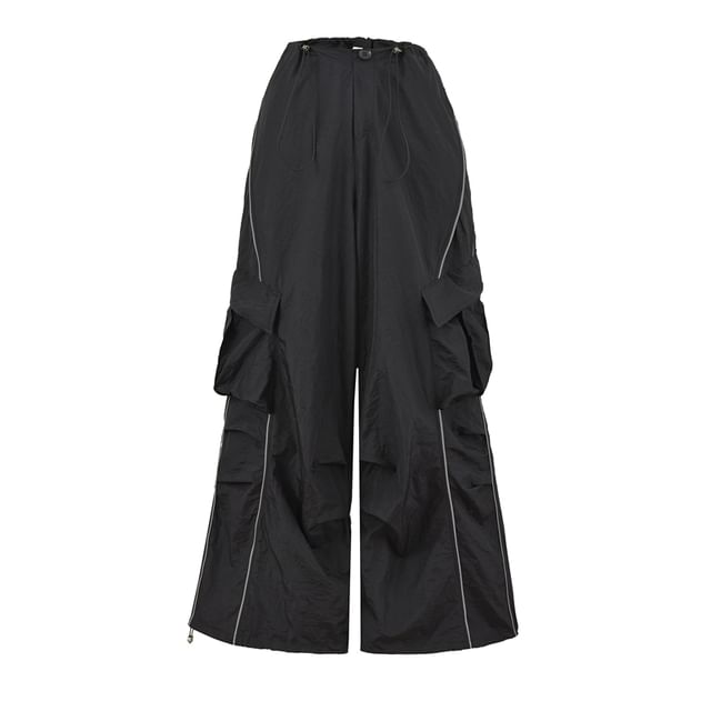 Drawstring Waist Plain Ruched Wide Leg Cargo Pants