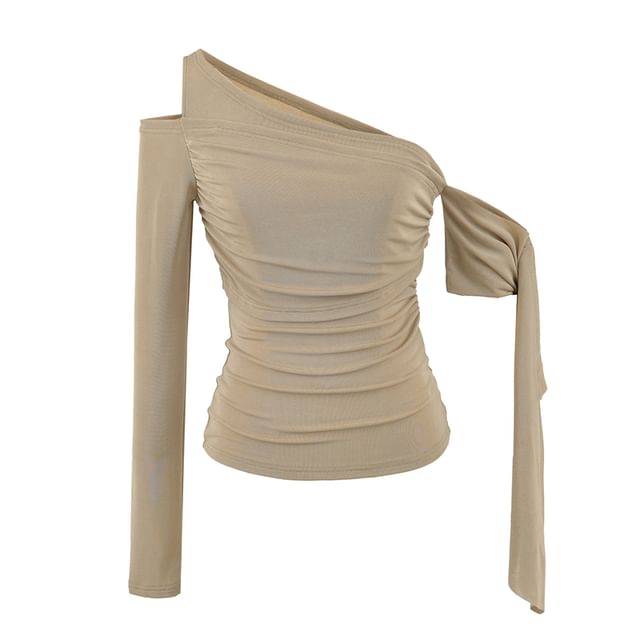Cutout Ruched One-Shoulder Asymmetric-Neck Slim-Fit Long-Sleeved Tee
