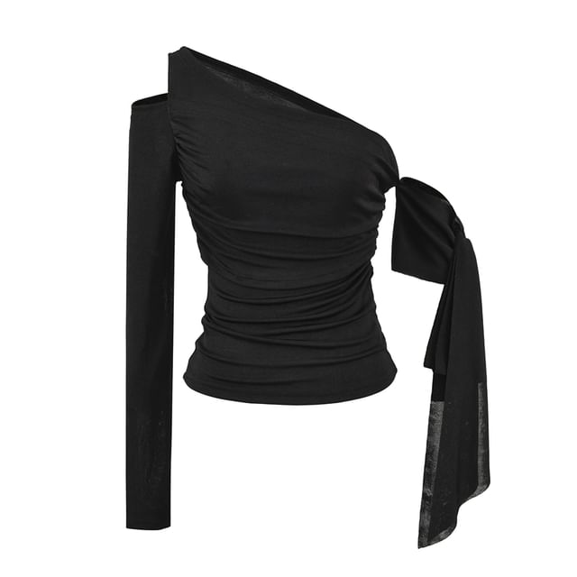 Cutout Ruched One-Shoulder Asymmetric-Neck Slim-Fit Long-Sleeved Tee