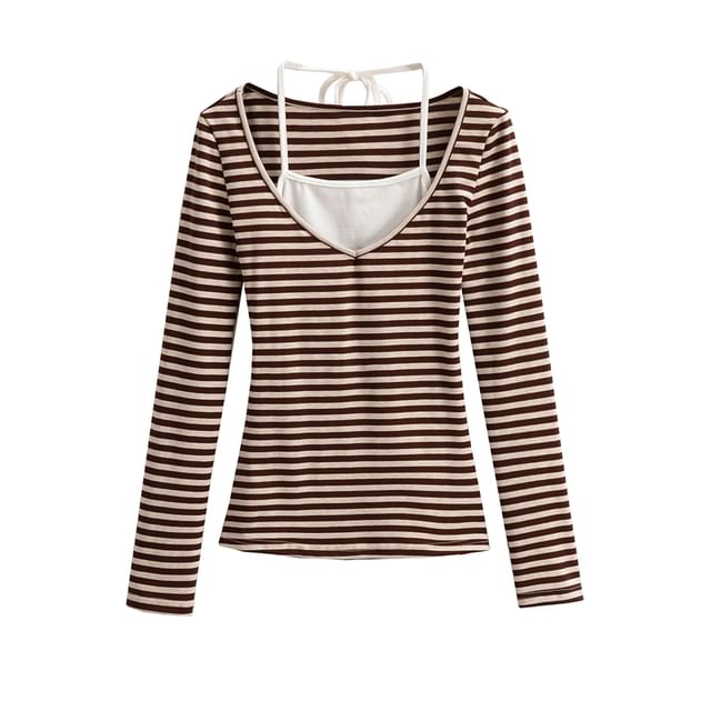 Striped Slim-Fit Mock Two-Piece Halter Long-Sleeved Tee