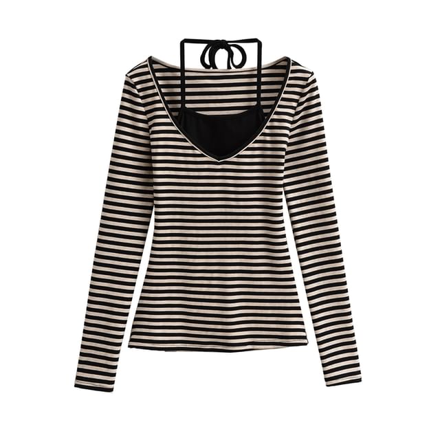 Striped Slim-Fit Mock Two-Piece Halter Long-Sleeved Tee