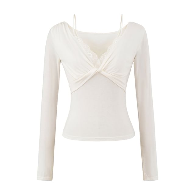 Knot Lace-Paneled Mock Two-Piece V-Neck Slim-Fit Long-Sleeved Tee