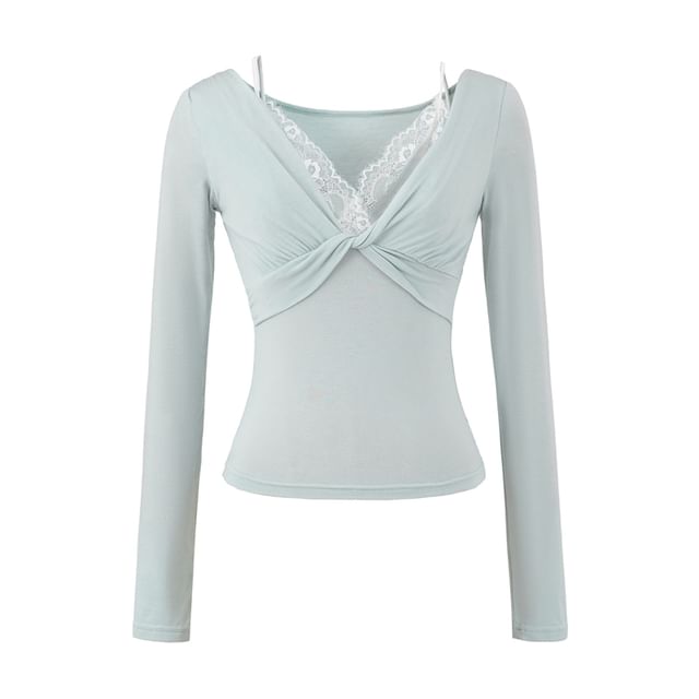 Mock Two-Piece Long-Sleeve V-Neck Plain Knot Lace Panel Slim Fit T-Shirt