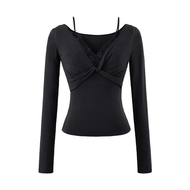 Knot Lace-Paneled Mock Two-Piece V-Neck Slim-Fit Long-Sleeved Tee
