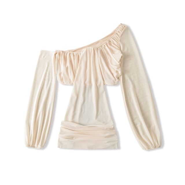 Plain Mesh Cropped Off-Shoulder Asymmetric-Neck Long-Sleeved Top