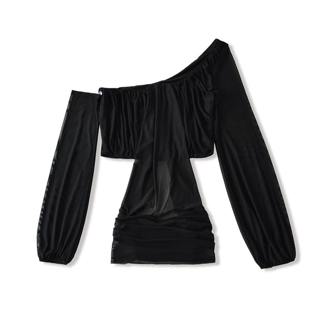 Plain Mesh Cropped Off-Shoulder Asymmetric-Neck Long-Sleeved Top