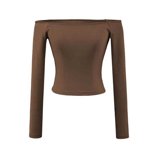 Plain Cropped Slim-Fit Off-Shoulder Long-Sleeved T-Shirt