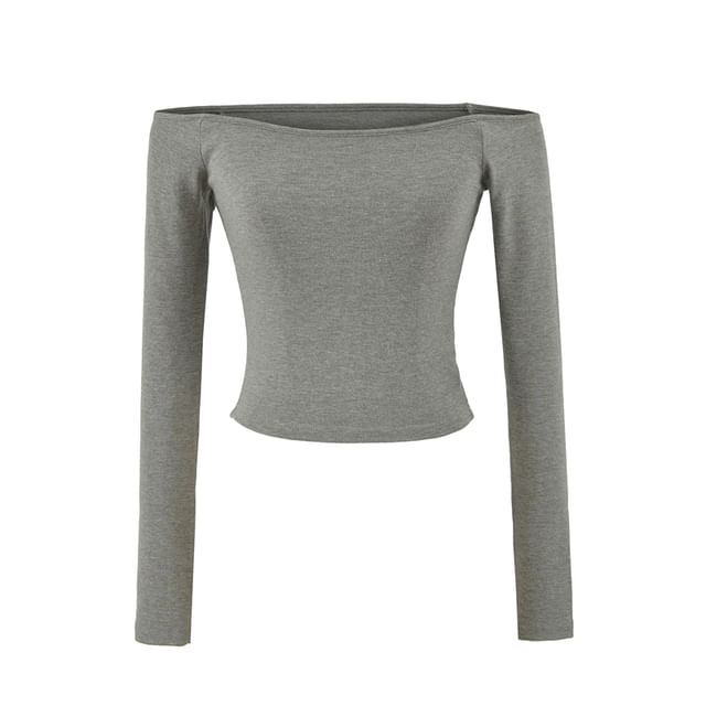 Plain Cropped Slim-Fit Off-Shoulder Long-Sleeved T-Shirt