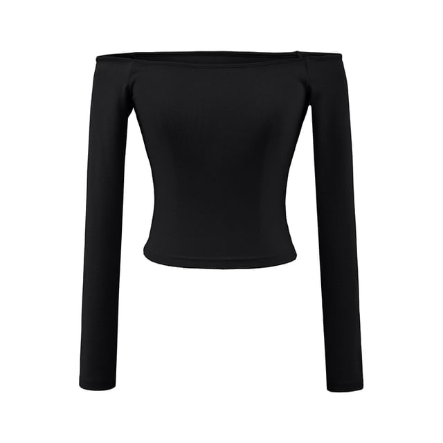 Plain Cropped Slim-Fit Off-Shoulder Long-Sleeved T-Shirt