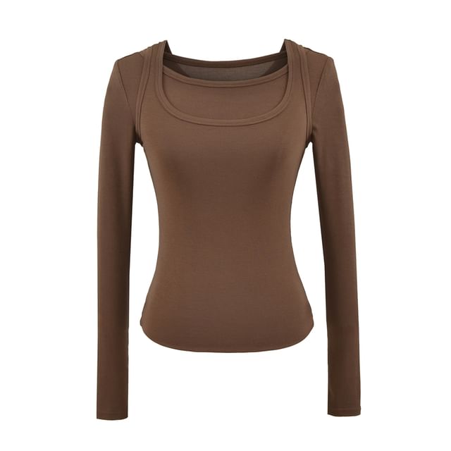 Mock Two-Piece Square-Neck Long-Sleeved Slim-Fit Tee