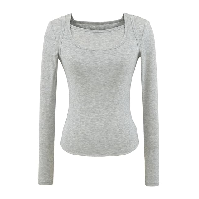 Mock Two-Piece Square-Neck Long-Sleeved Slim-Fit Tee