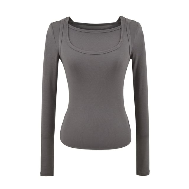 Mock Two-Piece Square-Neck Long-Sleeved Slim-Fit Tee