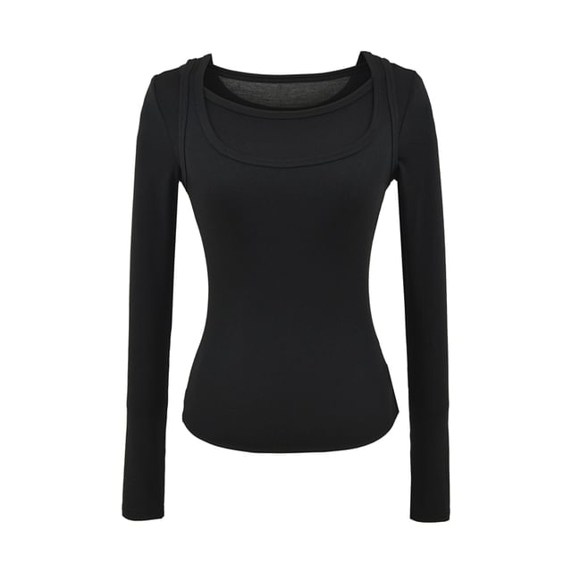 Mock Two-Piece Square-Neck Long-Sleeved Slim-Fit Tee
