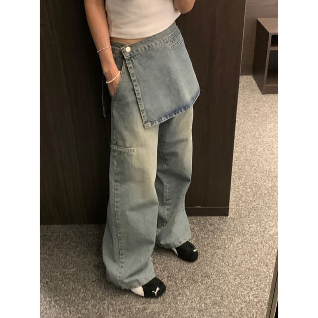 High Rise Skirt Overlay Wide Leg Jeans