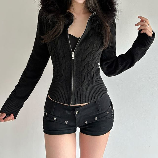 Cable-Knit Furry-Trim Zip-Up Long Sleeve Cardigan