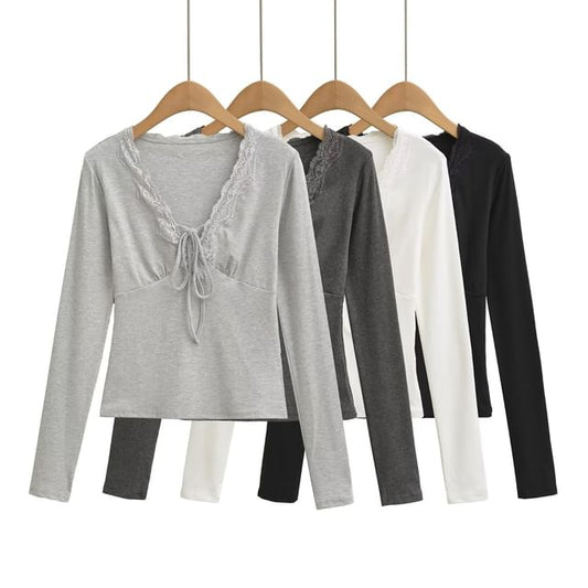 Long-Sleeve V-Neck Plain Lace Trim Tee