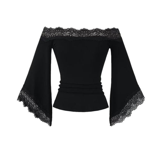 3/4-Sleeve Off Shoulder Plain Lace Trim Crop Tee