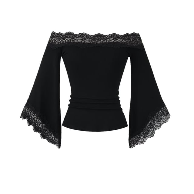 3/4-Sleeve Off Shoulder Plain Lace Trim Crop Tee