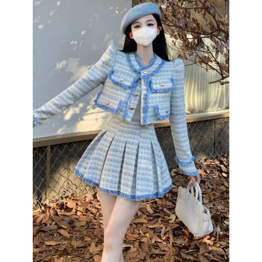 Set: Plaid Tweed Button-Up Crop Jacket + Mini Pleated Skirt