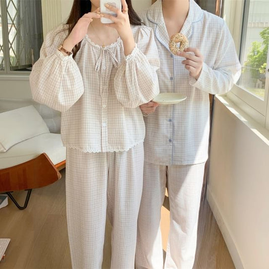 Matching Couple Blouse & Pants Set with Lace Trim