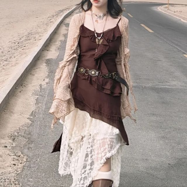 Spaghetti Strap Ruffle Asymmetrical Mini Dress & Cardigan & Midi Skirt