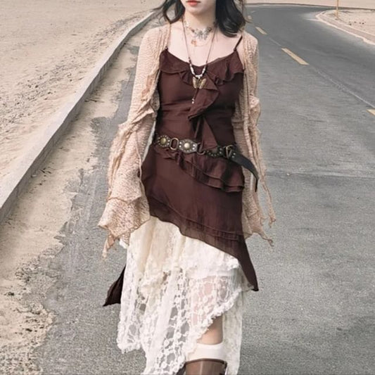 Spaghetti Strap Ruffle Asymmetrical Mini Dress & Cardigan & Midi Skirt