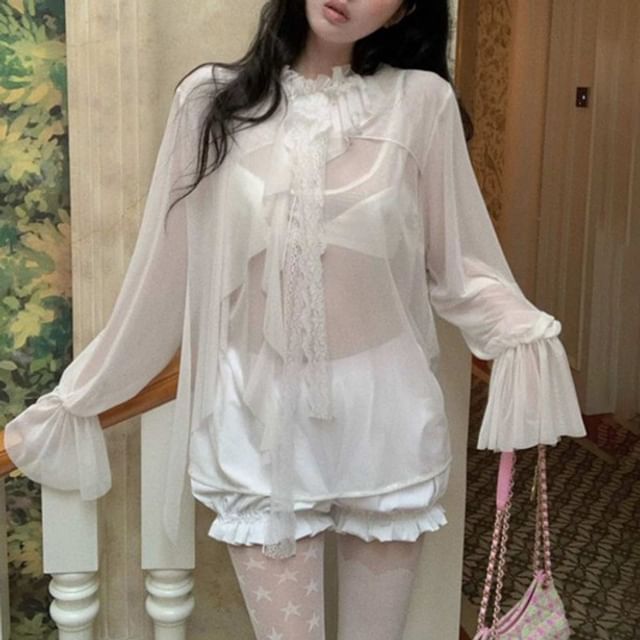 Flared-Sleeve Mock Neck Ruffle Sheer Blouse with Lace Trim