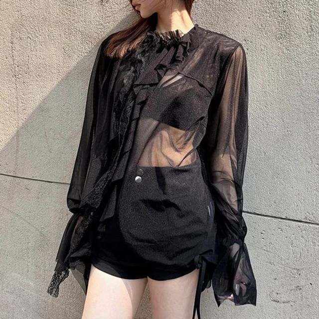 Flared-Sleeve Mock Neck Ruffle Sheer Blouse with Lace Trim
