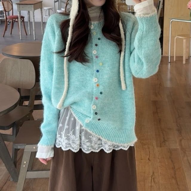 Contrast Trim Round Neck Cardigan