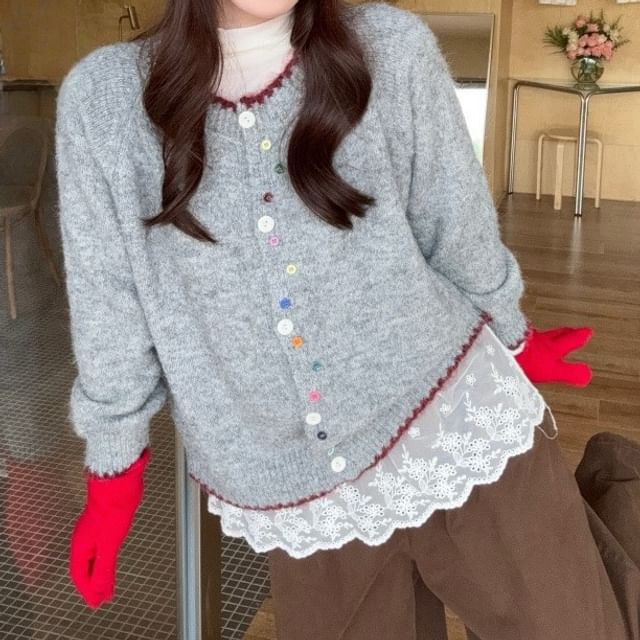 Contrast Trim Round Neck Cardigan