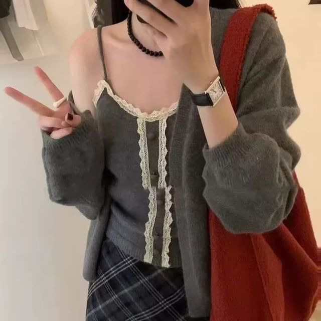 Set: Lace Trim Knit Cami Top & Cardigan