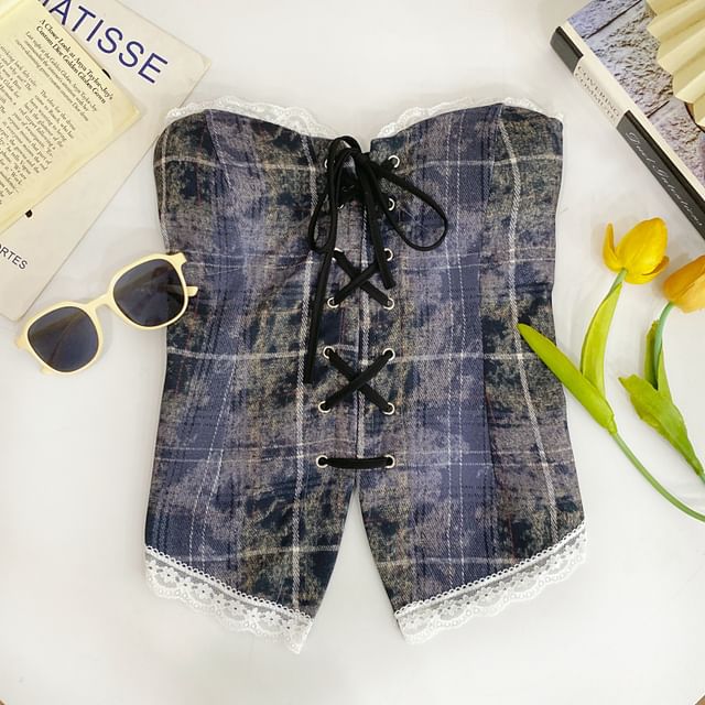 Plaid Lace Trim Tube Top