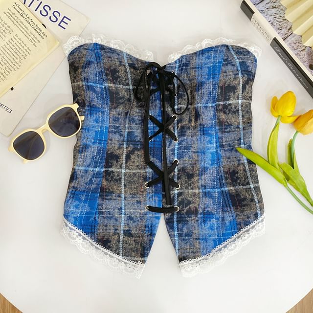 Plaid Lace Trim Tube Top