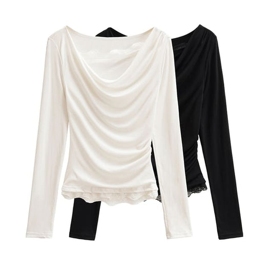Cowl Neck Long-Sleeve Tee with Lace Trim