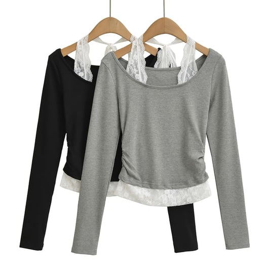 Scoop Neck Long-Sleeve Tee with Lace Trim