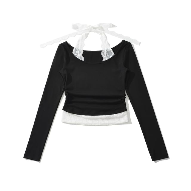Scoop Neck Long-Sleeve Tee with Lace Trim