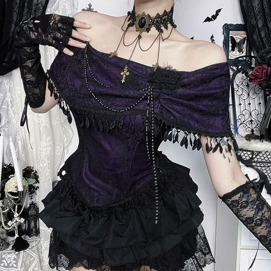 Short-Sleeve Off Shoulder Lace Trim Top and High Waist Skorts