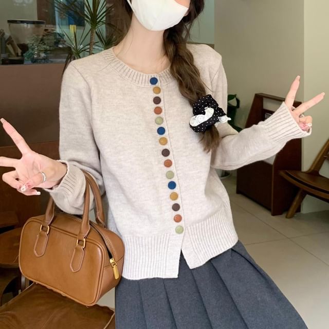 Crewneck Button-Front Knit Cardigan