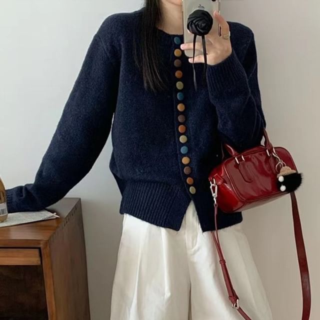 Crewneck Button-Front Knit Cardigan