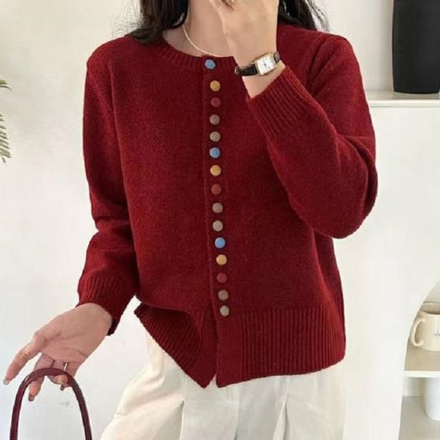 Crewneck Button-Front Knit Cardigan